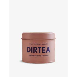 Brown tin of DIRTEA Reishi Mushroom Powder with text: Calm, Destress, Immunity.