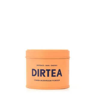 Orange tin of Dirtea Chaga Mushroom Powder with text "Defence • Skin • Energy".