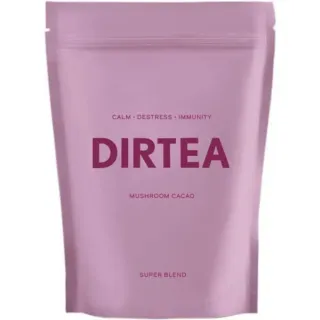 Pink pouch labelled "DIRTEA Mushroom Cacao Super Blend".