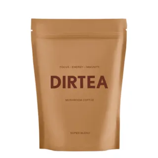 Brown pouch labelled "DIRTEA Mushroom Coffee Super Blend".