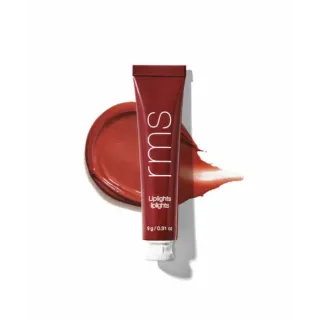 Red tube of rms Liplights with swatch on white background.
