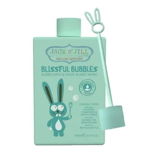 Mint green bottle of Blissful Bubbles with bubble wand, featuring a cartoon rabbit.
