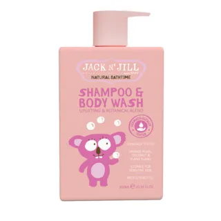 Pink bottle of Jack N' Jill Shampoo & Body Wash with cartoon koala, 300ml.