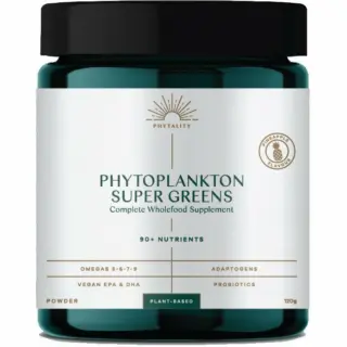 Phytoplankton Super Greens supplement jar, 120g, pineapple flavour, plant-based.