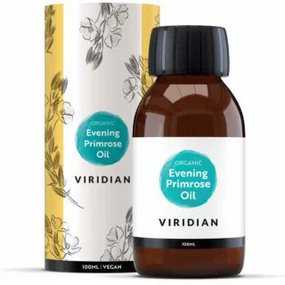Viridian Organic Evening Primrose Oil, 100ml bottle with floral packaging.