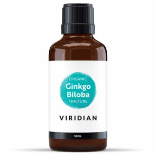 Brown bottle of Viridian Organic Ginkgo Biloba Tincture, 50ml.