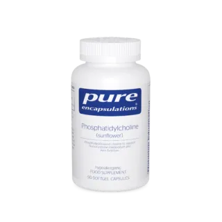 White bottle of Pure Encapsulations Phosphatidylcholine, 90 softgel capsules.