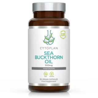 Cytoplan Sea Buckthorn Oil, 500mg, 60 vegan capsules, food supplement bottle.