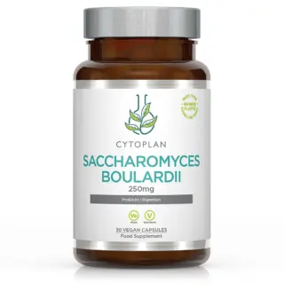 Cytoplan Saccharomyces Boulardii 250mg, 30 vegan capsules, probiotic digestion supplement.
