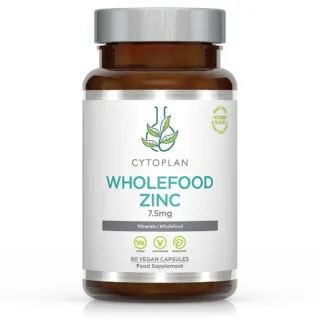 Cytoplan Wholefood Zinc 7.5mg, 60 vegan capsules in a brown bottle.
