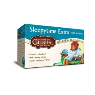 Sleepytime Extra tea box with bear illustration, promotes relaxation, caffeine-free, 20 bags.