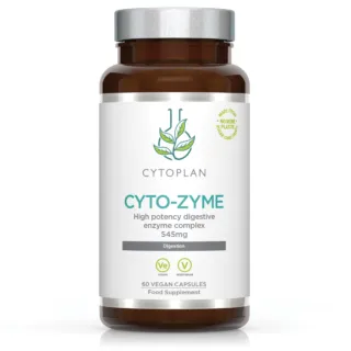 Cyto-Zyme enzyme complex bottle, 545mg, 60 vegan capsules, sugar cane plastic.
