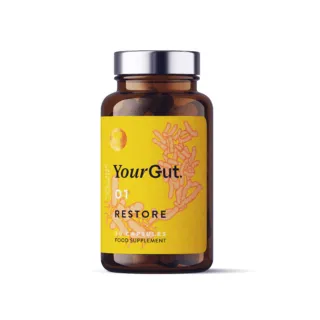 Brown bottle with yellow label, "YourGut 01 RESTORE", 30 capsules, food supplement.