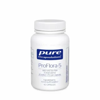ProFlora-5 supplement bottle, 60 capsules, dairy and soy free, 10 billion CFU per capsule.