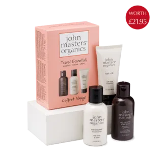 John Masters Organics Travel Essentials set with hair milk, conditioner, and shampoo. Price: £21.95.