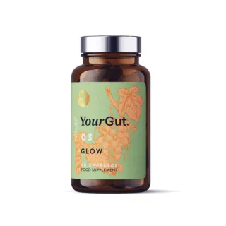 Brown bottle with "Your Gut" label, 60 capsules, food supplement.