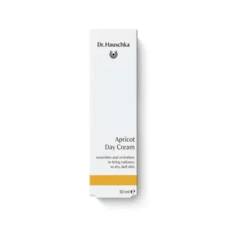 Dr. Hauschka Apricot Day Cream box, 30 ml, white with orange stripe.