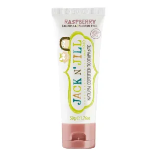 Jack N' Jill raspberry toothpaste tube, 50g, fluoride free, with cartoon characters.