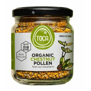 Jar of organic chestnut pollen, 125g, labelled "TOCA", product of Spain.
