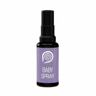 Purple bottle labelled "Baby Spray" with a spiral design.