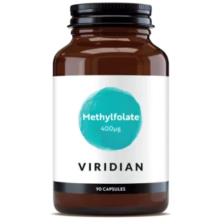 Brown bottle labelled "Methylfolate 400µg" by Viridian, contains 90 capsules.