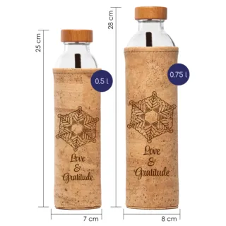 Two cork-covered bottles, 0.5L and 0.75L, with "Love & Gratitude" text and snowflake design.