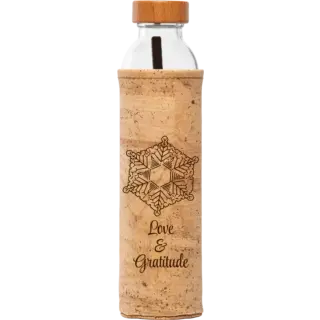 Glass bottle with cork sleeve, wooden lid, snowflake design, and text "Love & Gratitude".