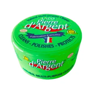Green tub of Pierre d'Argent cleaner with French flag and text "Cleans - Polishes - Protects".