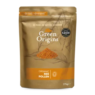 Green Origins organic bee pollen, 175g, with Great Taste award logo.
