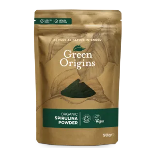 Green Origins organic spirulina powder, 90g, high in iron and protein, vegan certified.