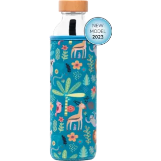 Glass bottle with wooden lid, blue sleeve with animal and plant pattern. "New Model 2023" badge.