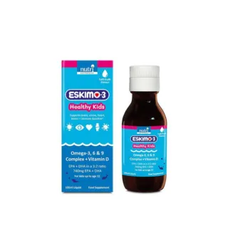 Eskimo-3 Healthy Kids supplement, tutti-frutti flavour, 105ml bottle and box.