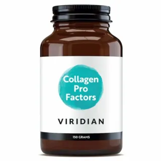 Brown jar labelled "Collagen Pro Factors" by Viridian, 150 grams.