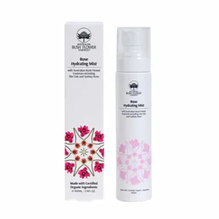 Rose Hydrating Mist bottle and box with floral design, 100ml, certified organic ingredients.