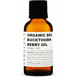 Brown bottle of organic sea buckthorn berry oil with label details.