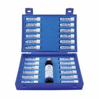 Blue case with 24 small vials and one larger bottle labelled "SOS Stress Formula".