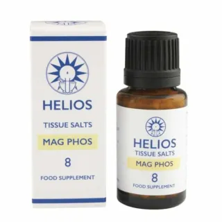 Helios Mag Phos tissue salts bottle and box, labelled as food supplement.
