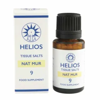 Helios Tissue Salts Nat Mur 9 food supplement bottle and box.