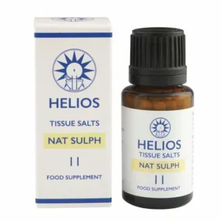 Helios Tissue Salts Nat Sulph bottle and box, labelled as food supplement.