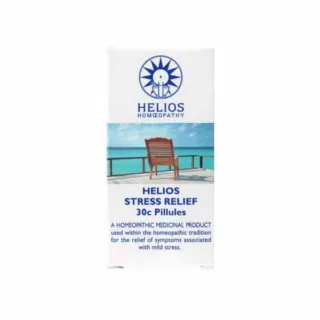 Helios Stress Relief 30c pillules packaging with a chair by the sea.