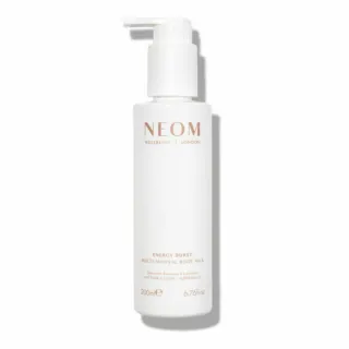 White bottle of NEOM Energy Burst Multi-Mineral Body Milk, 200ml.