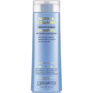 Blue bottle of Biotin & Collagen Strengthening Shampoo, 399 mL, vegan and cruelty-free.