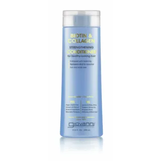 Blue bottle of Biotin & Collagen Strengthening Conditioner, 399 ml, with product details.