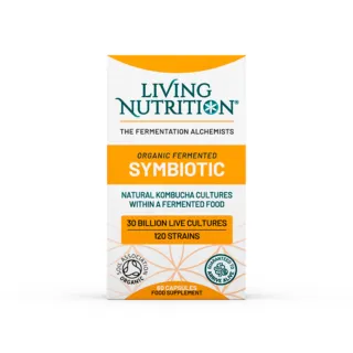 Living Nutrition Symbiotic supplement box, 60 capsules, organic kombucha cultures, 30 billion live cultures.
