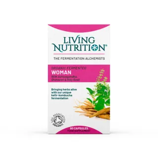 Living Nutrition Organic Fermented Woman capsules with herbs and Soil Association Organic logo.
