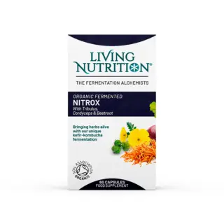 Living Nutrition Nitrox capsules box with herbs and organic certification.