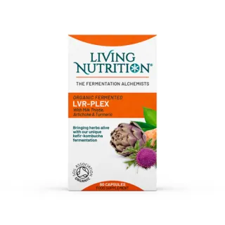 Living Nutrition LVR-Plex capsules with milk thistle, artichoke, turmeric. Organic certified.