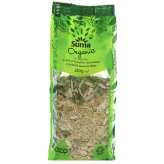 Suma Organic Omega Mix seeds, 250g bag, green packaging.
