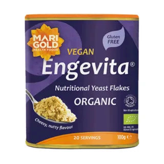 Marigold Engevita Vegan Nutritional Yeast Flakes, organic, gluten-free, 100g tin, 20 servings.