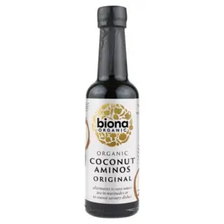 Biona Organic Coconut Aminos Original, alternative to soya sauce, in a glass bottle.